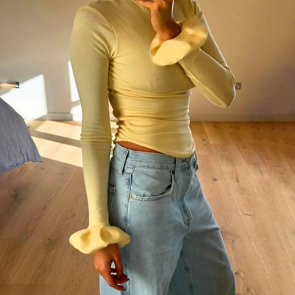 Women Y2k Turtleneck Rib Knit Top Long Sleeve Slim Fit Ruffled Cuffs Blouse Shirt Fall Aesthetic Going Out Top