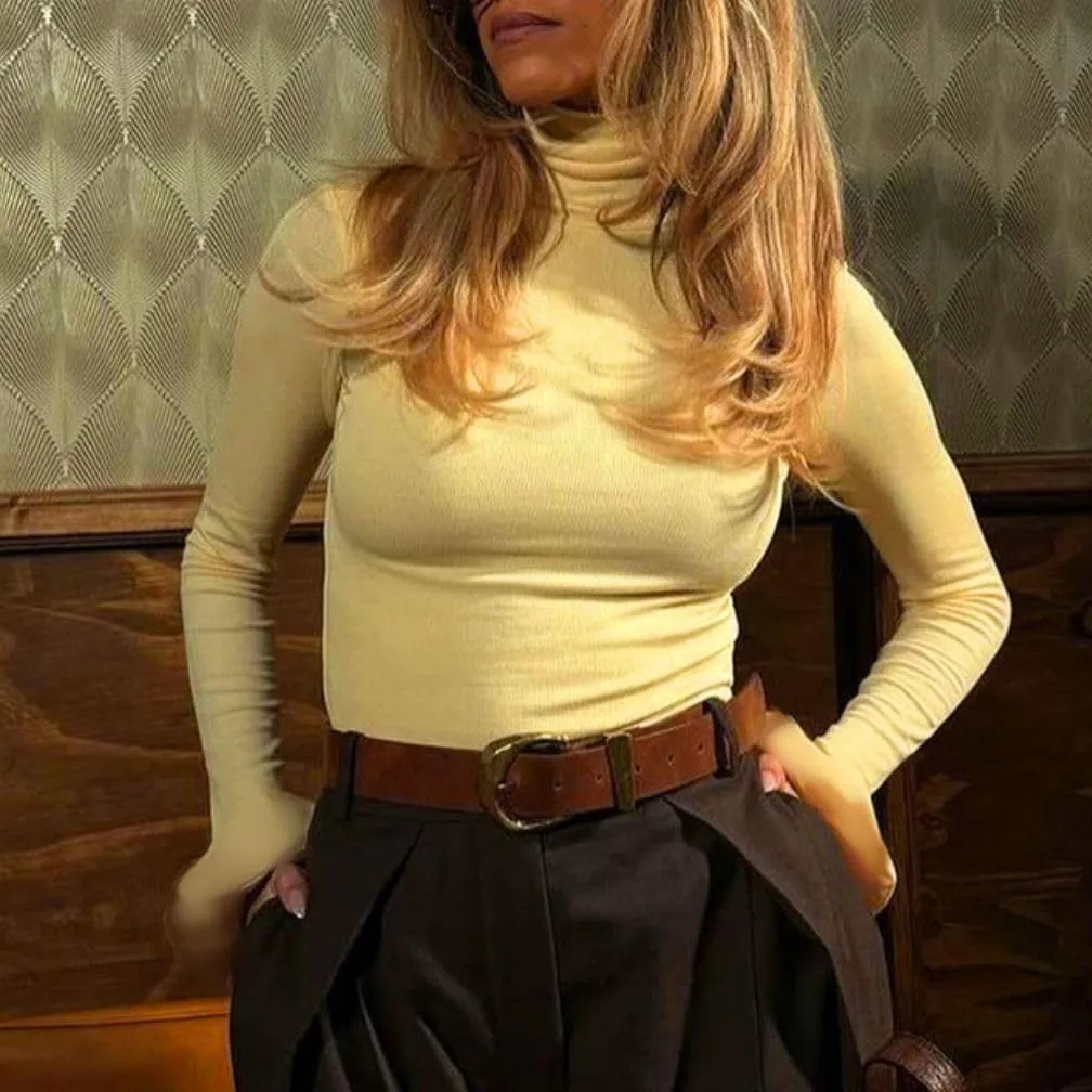 Women Y2k Turtleneck Rib Knit Top Long Sleeve Slim Fit Ruffled Cuffs Blouse Shirt Fall Aesthetic Going Out Top