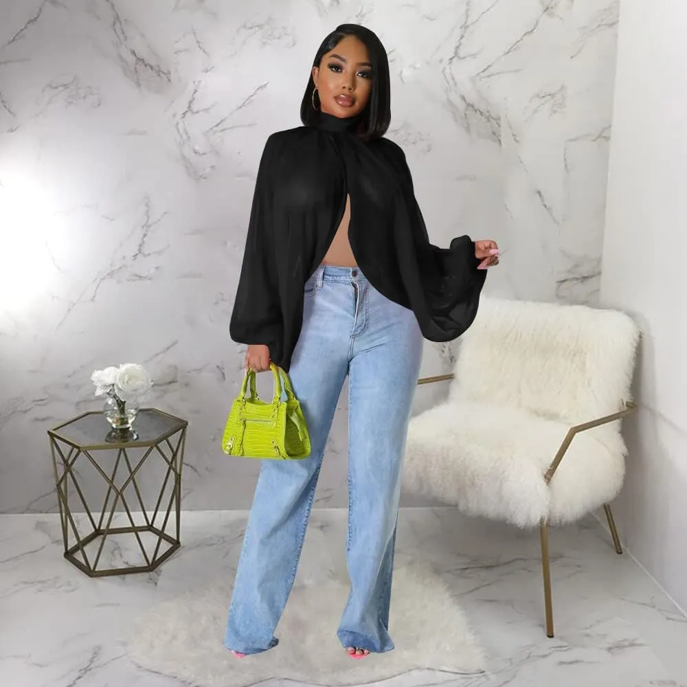 Women's Balloon Sleeve High Slit Summer Loose Chiffon Tops Irregular Blouses Tunics Front Split Cover Ups