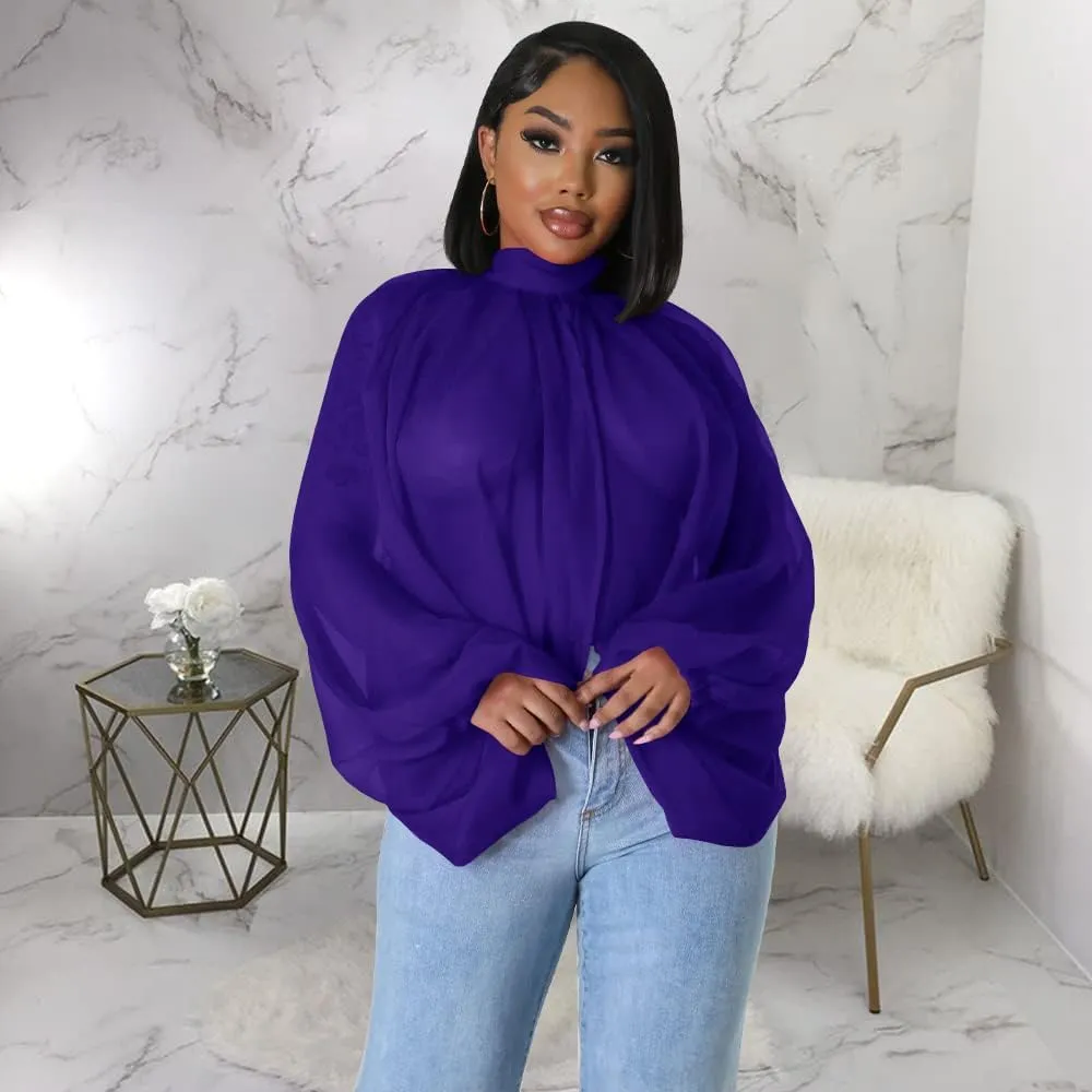 Women's Balloon Sleeve High Slit Summer Loose Chiffon Tops Irregular Blouses Tunics Front Split Cover Ups