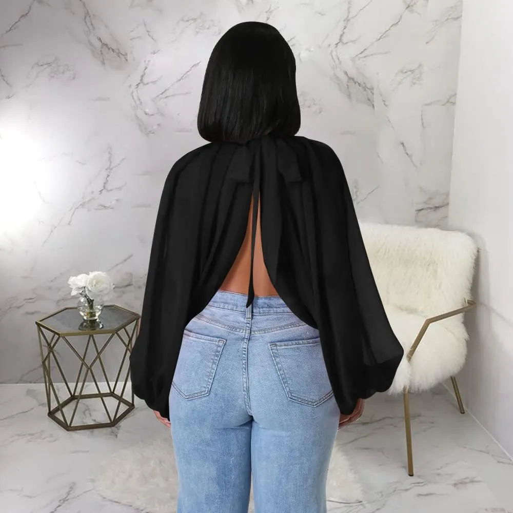 Women's Balloon Sleeve High Slit Summer Loose Chiffon Tops Irregular Blouses Tunics Front Split Cover Ups