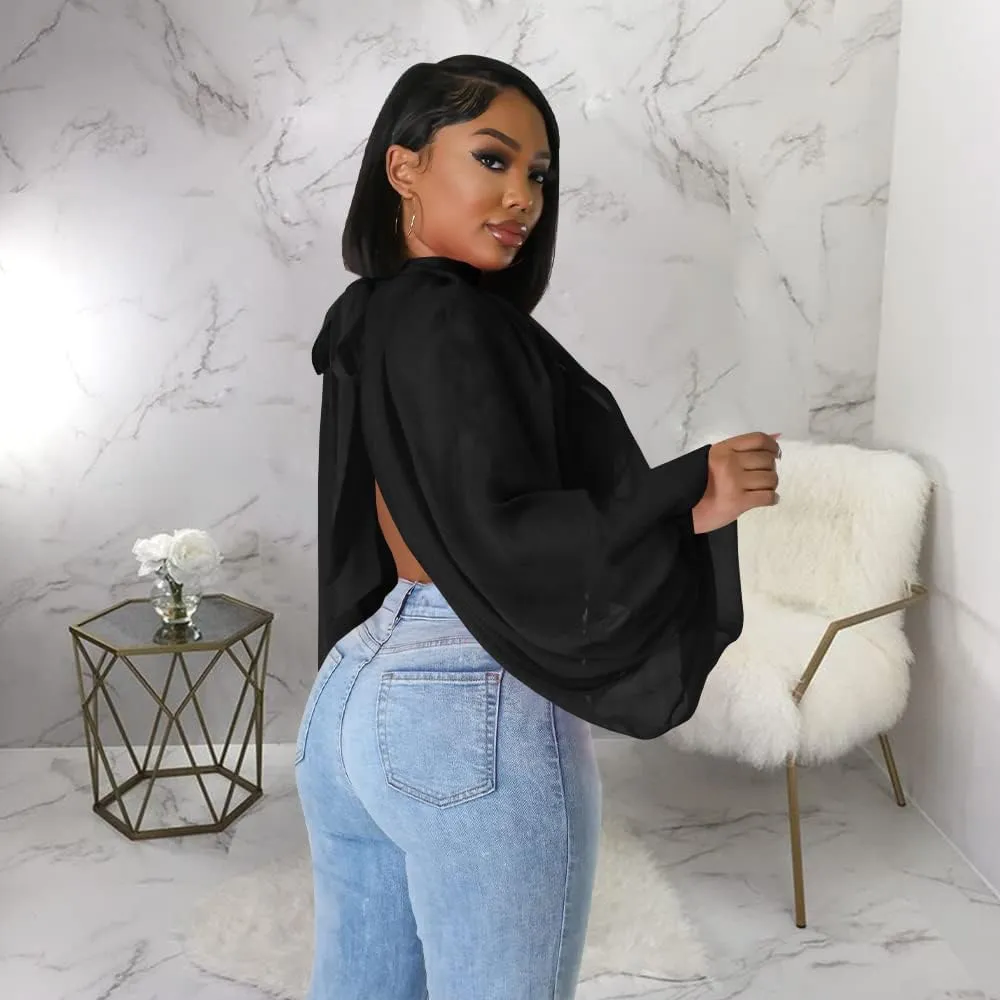 Women's Balloon Sleeve High Slit Summer Loose Chiffon Tops Irregular Blouses Tunics Front Split Cover Ups