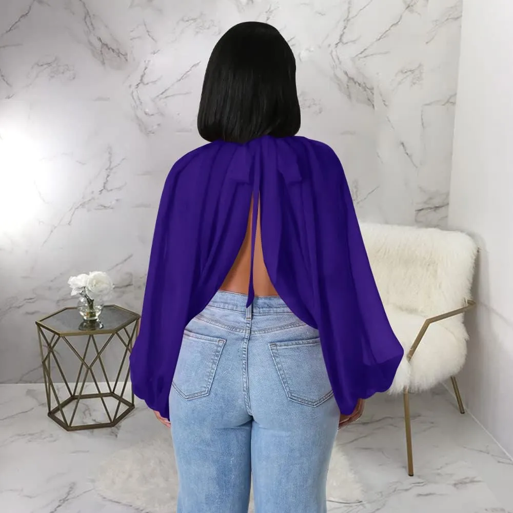 Women's Balloon Sleeve High Slit Summer Loose Chiffon Tops Irregular Blouses Tunics Front Split Cover Ups