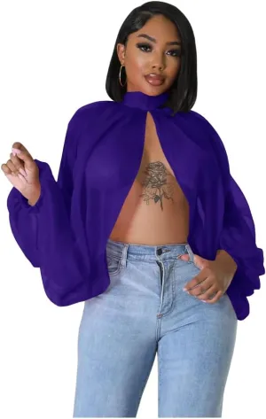 Women's Balloon Sleeve High Slit Summer Loose Chiffon Tops Irregular Blouses Tunics Front Split Cover Ups