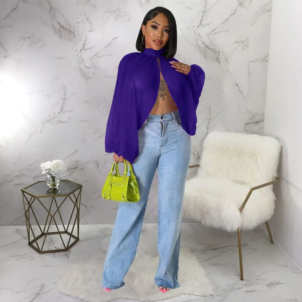 Women's Balloon Sleeve High Slit Summer Loose Chiffon Tops Irregular Blouses Tunics Front Split Cover Ups