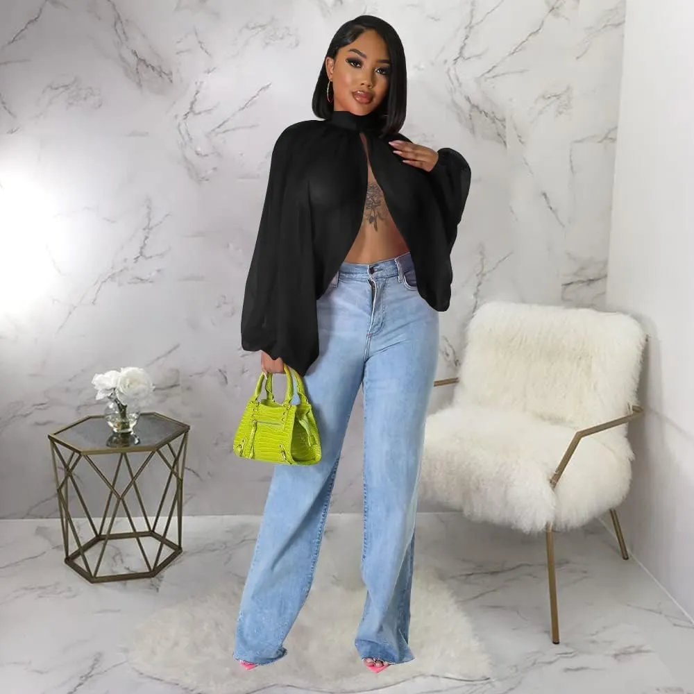 Women's Balloon Sleeve High Slit Summer Loose Chiffon Tops Irregular Blouses Tunics Front Split Cover Ups