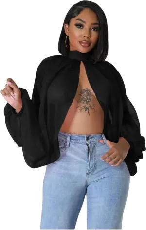 Women's Balloon Sleeve High Slit Summer Loose Chiffon Tops Irregular Blouses Tunics Front Split Cover Ups