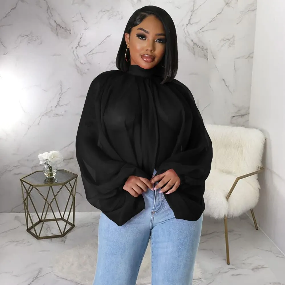 Women's Balloon Sleeve High Slit Summer Loose Chiffon Tops Irregular Blouses Tunics Front Split Cover Ups