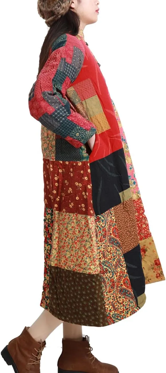 Women's Trench Coat Cotton Linen Floral Print Jacket Chinese Style Patchwork Outwear