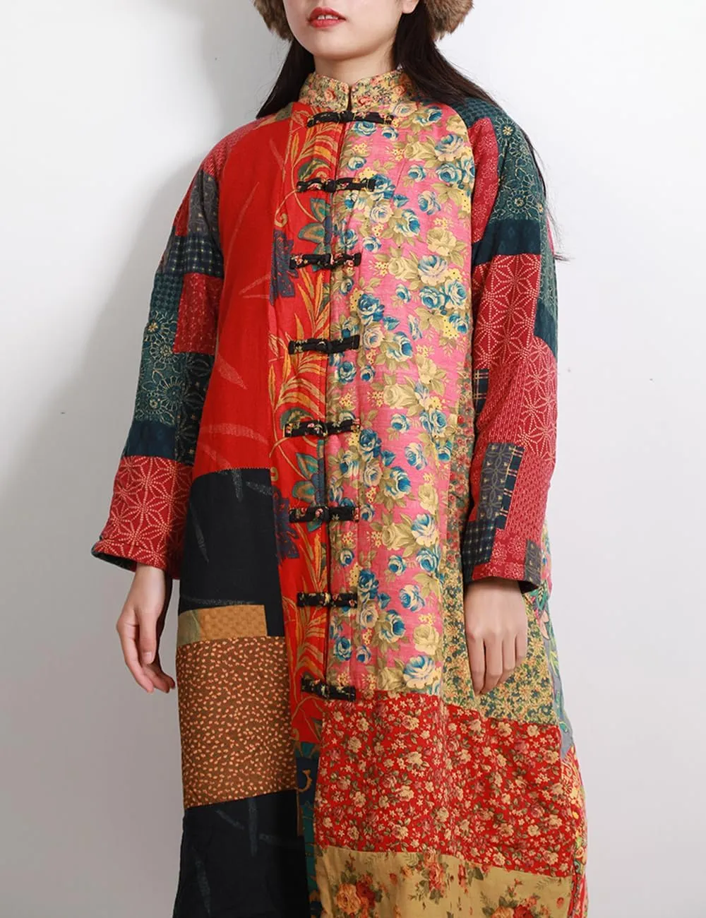 Women's Trench Coat Cotton Linen Floral Print Jacket Chinese Style Patchwork Outwear