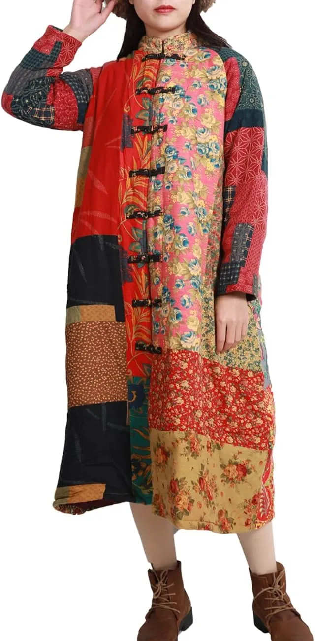 Women's Trench Coat Cotton Linen Floral Print Jacket Chinese Style Patchwork Outwear