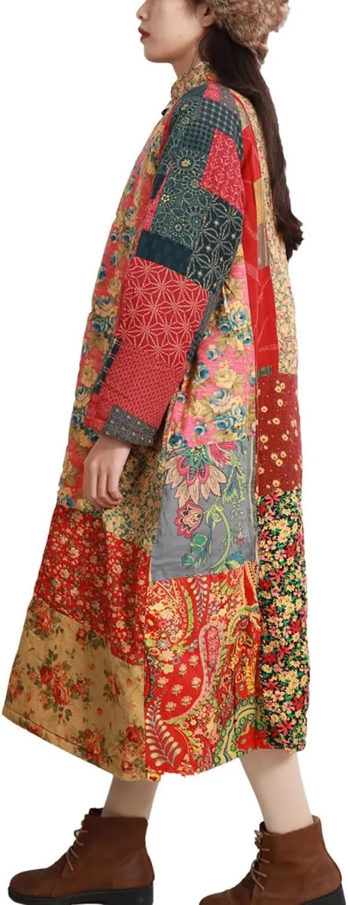 Women's Trench Coat Cotton Linen Floral Print Jacket Chinese Style Patchwork Outwear