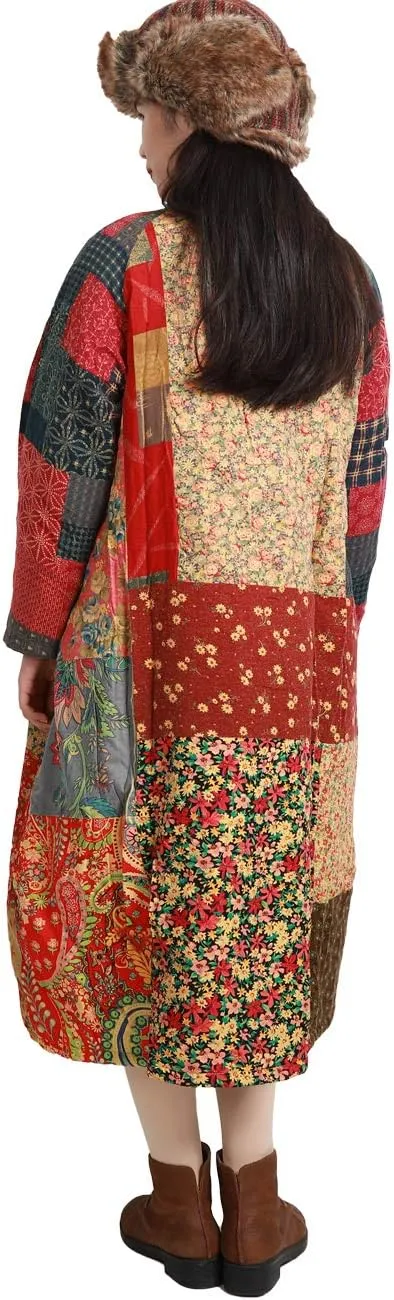 Women's Trench Coat Cotton Linen Floral Print Jacket Chinese Style Patchwork Outwear