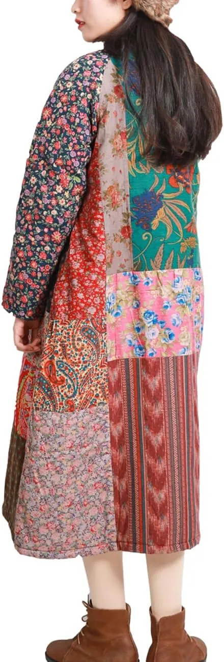 Women's Trench Coat Cotton Linen Floral Print Jacket Chinese Style Patchwork Outwear