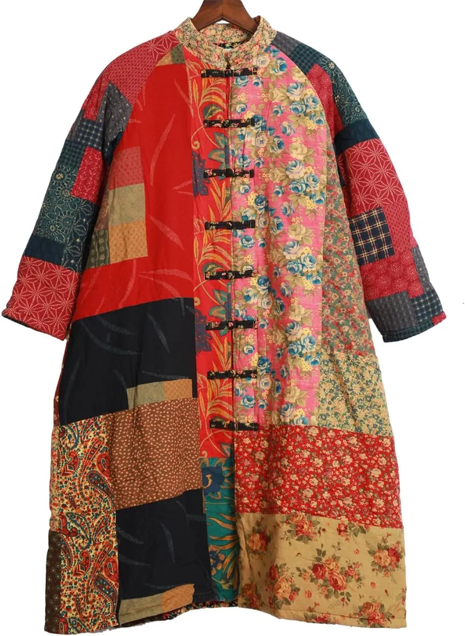 Women's Trench Coat Cotton Linen Floral Print Jacket Chinese Style Patchwork Outwear