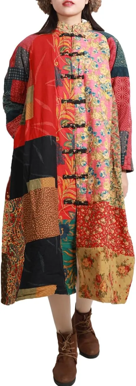 Women's Trench Coat Cotton Linen Floral Print Jacket Chinese Style Patchwork Outwear